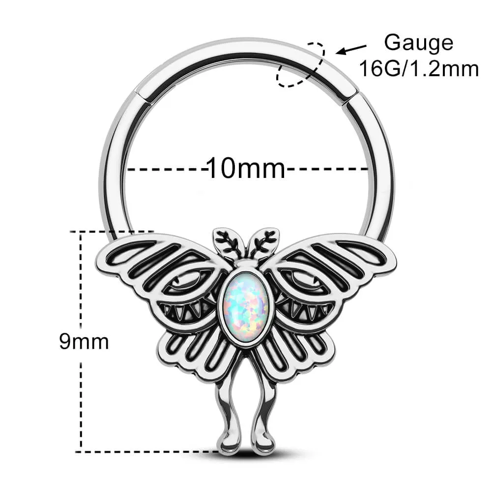 16G Retro Opal Moon Phase Moth Hinged Segment Septum Ring