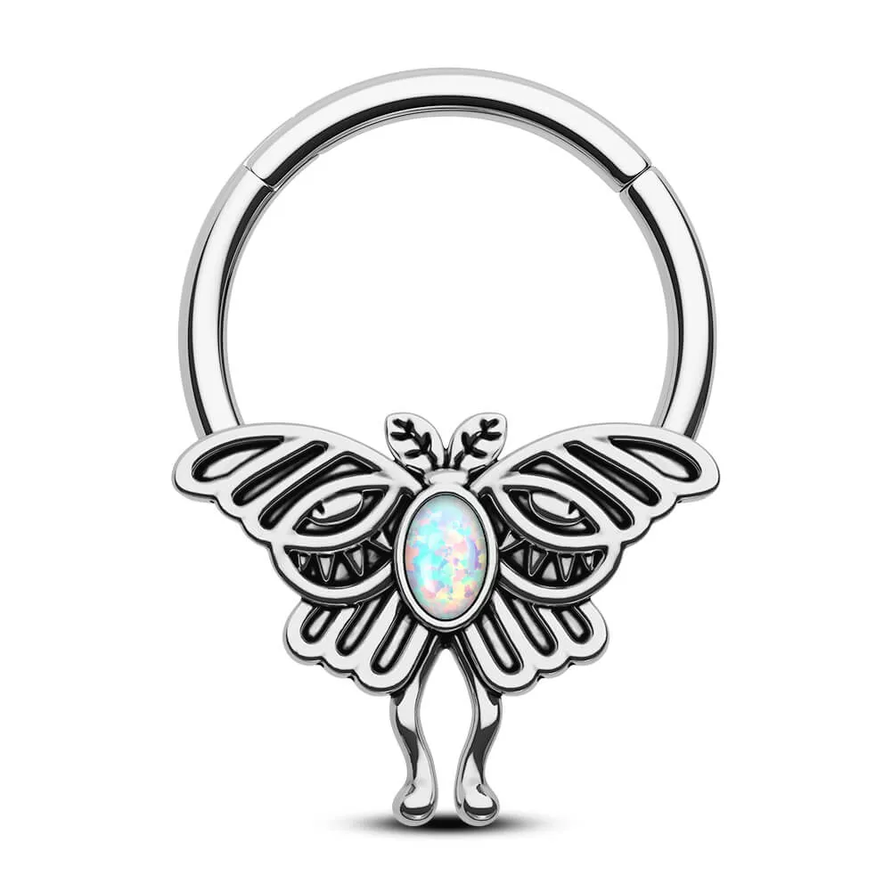 16G Retro Opal Moon Phase Moth Hinged Segment Septum Ring