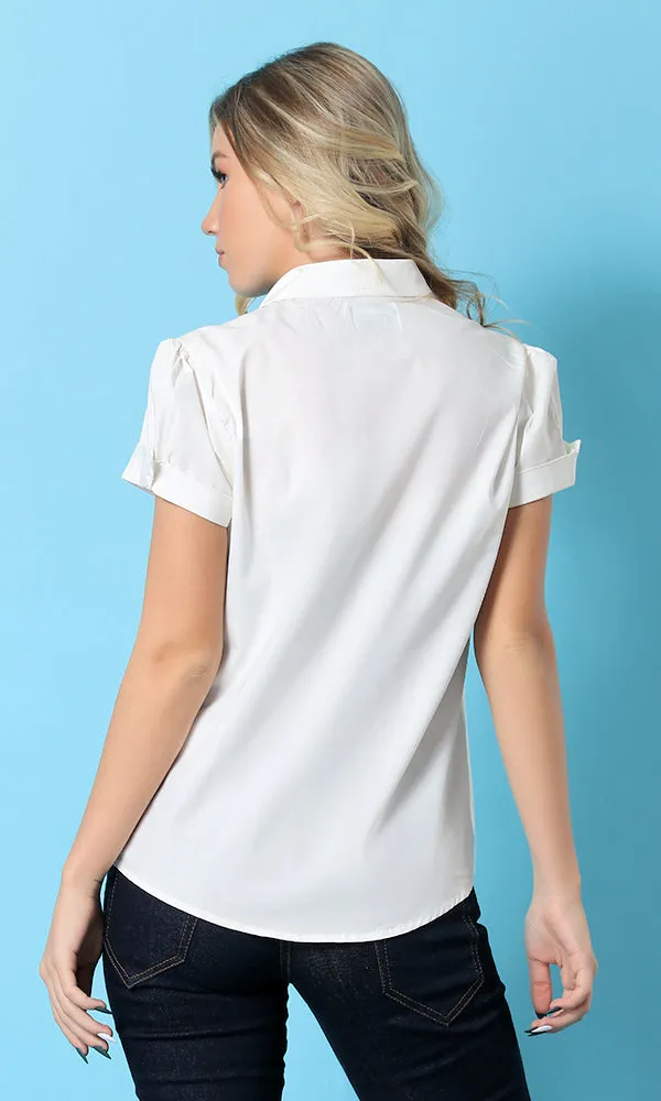 17353 Deep V-Neck Short Sleeves Shirt - Off White