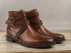 Awesome Handmade Men's Brown Alligator Textured Leather Jodhpur Boots, Men Fashion Dress Ankle Boots