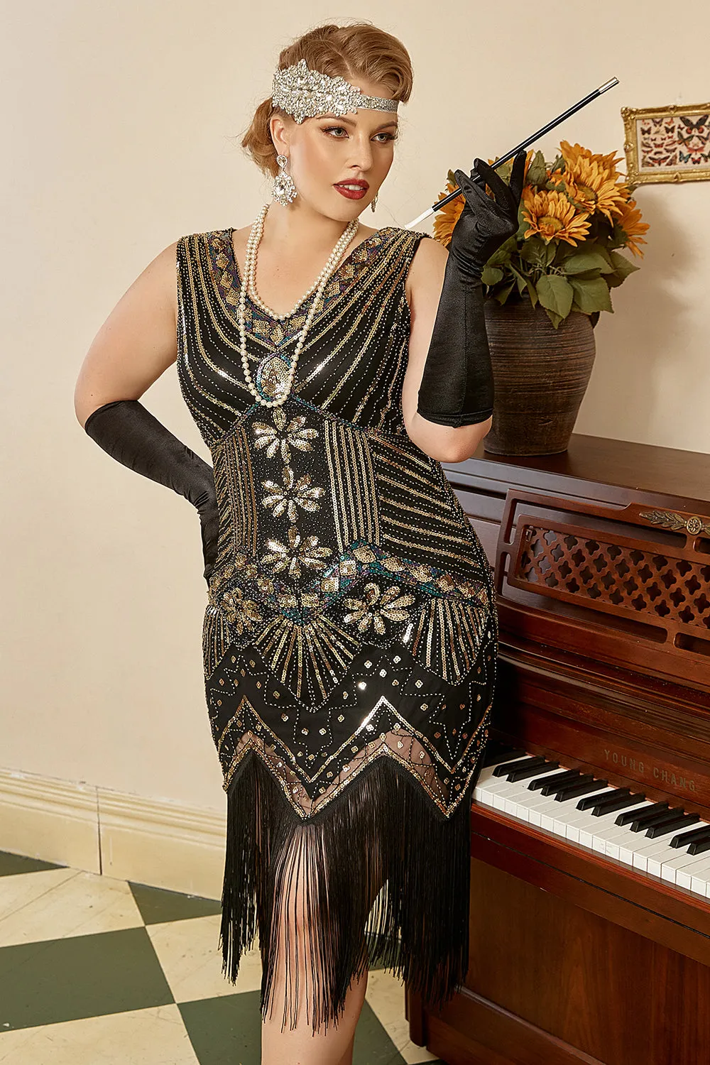 Black 1920s Plus Size Beaded Sequins Flapper Dress