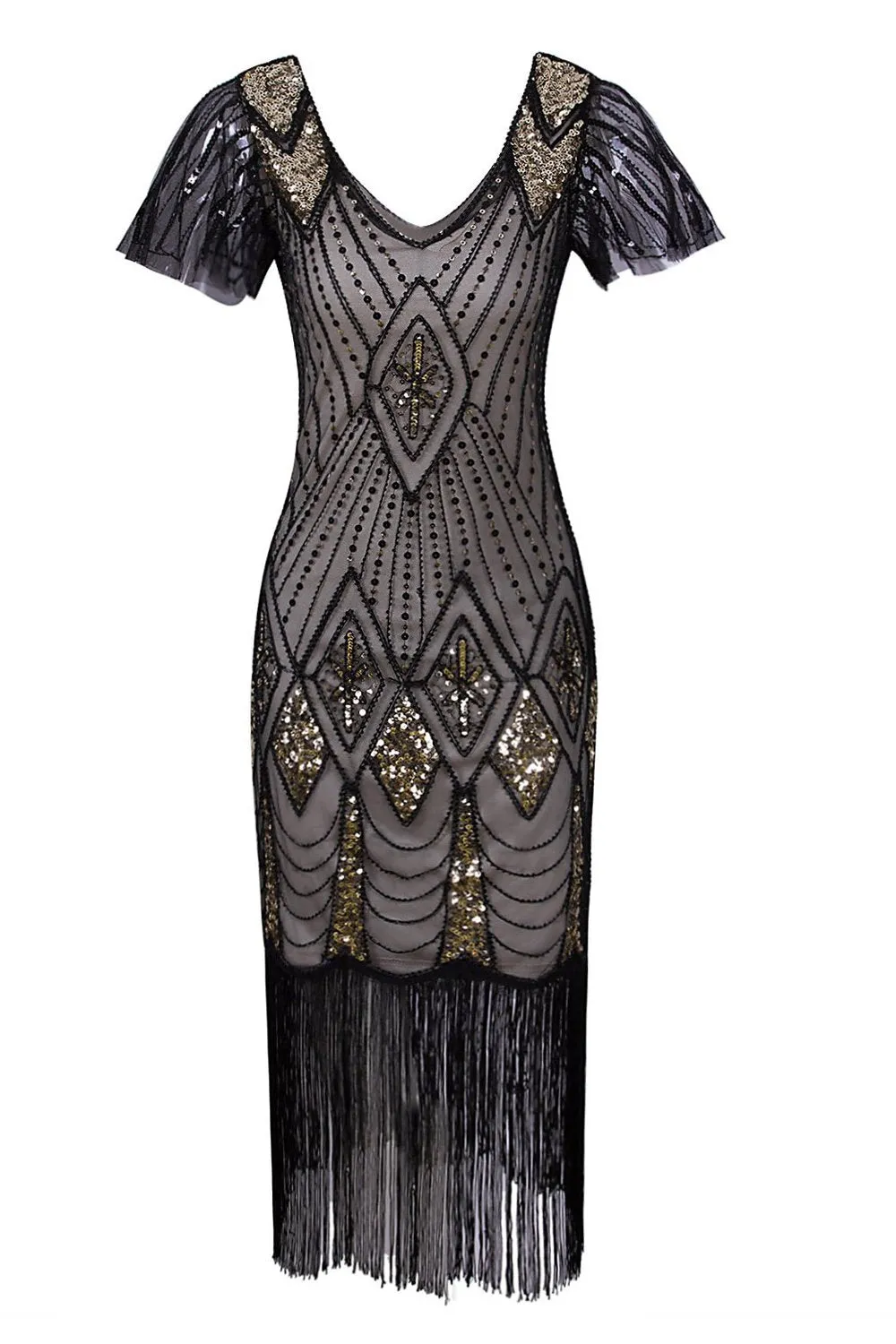 Black & Gold Sequins 1920s Flapper Dress