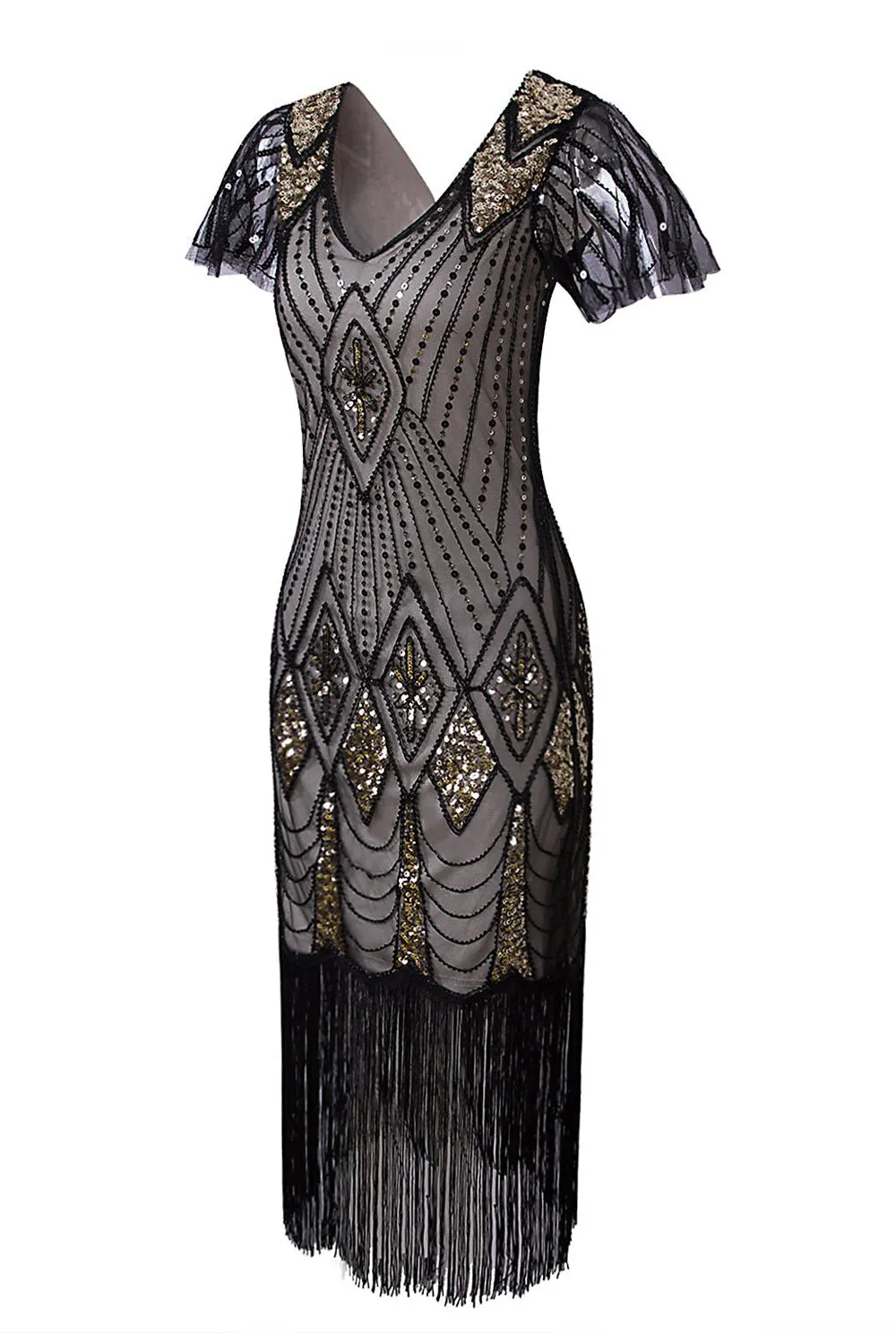 Black & Gold Sequins 1920s Flapper Dress