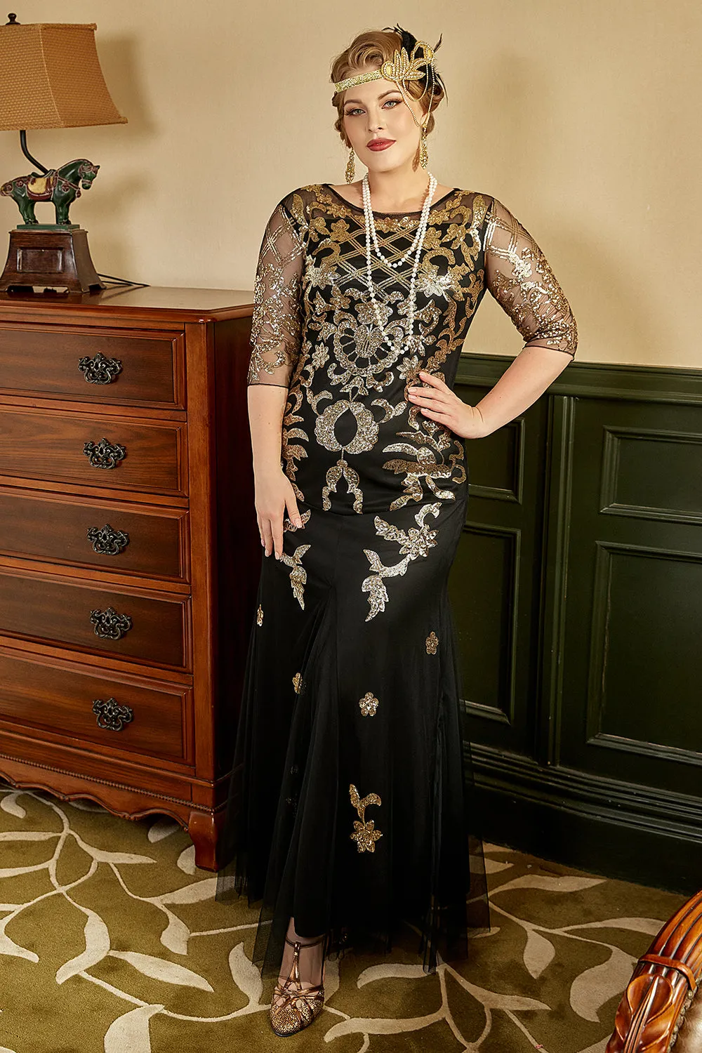 Black and Golden Plus Size 1920s Gatsby Dress with 20s Acessories Set