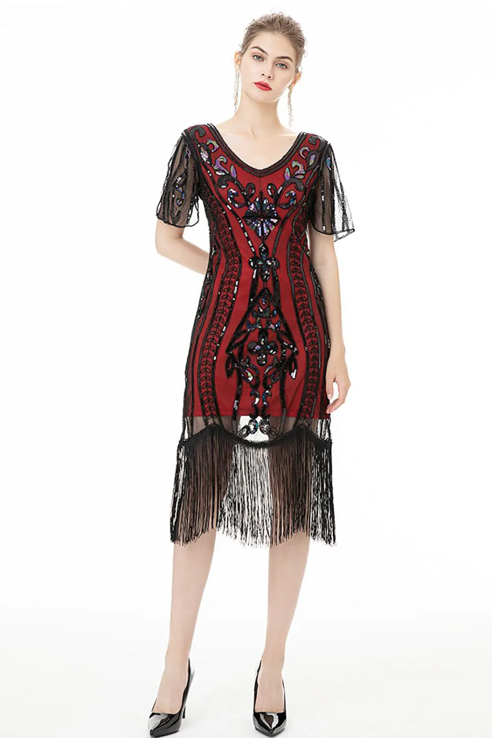 Black Fringes Sparkly 1920s Dress with Short Sleeves