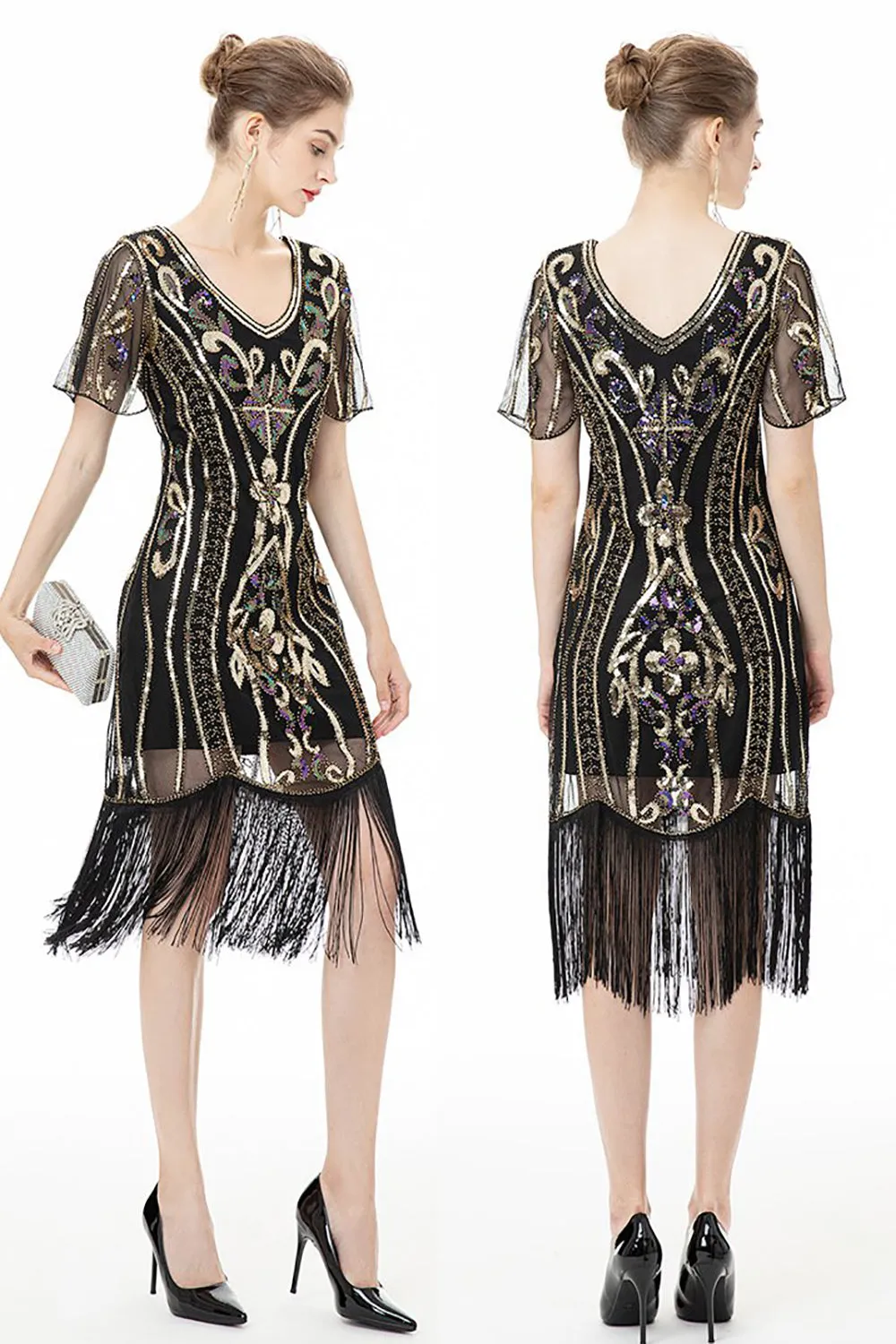 Black Fringes Sparkly 1920s Dress with Short Sleeves