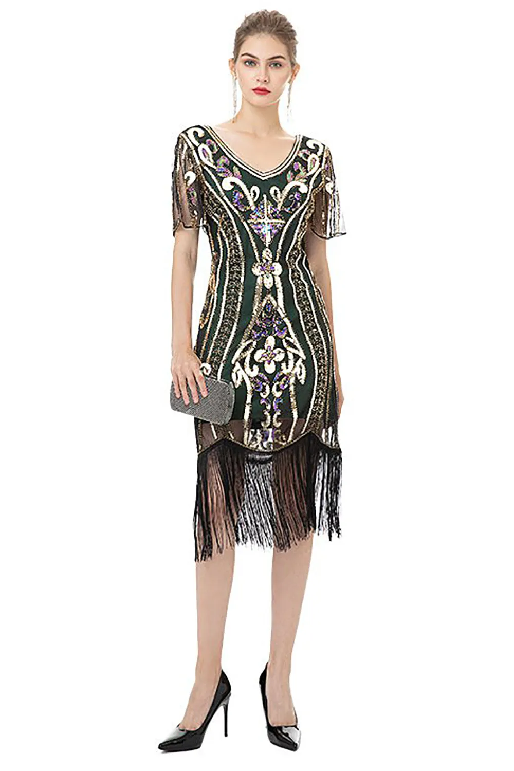 Black Fringes Sparkly 1920s Dress with Short Sleeves