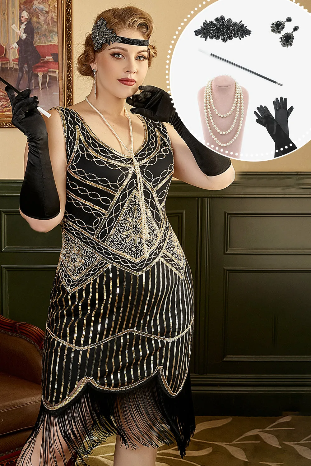 Black Golden 1920s Plus Size Dress with 20s Accessories Set