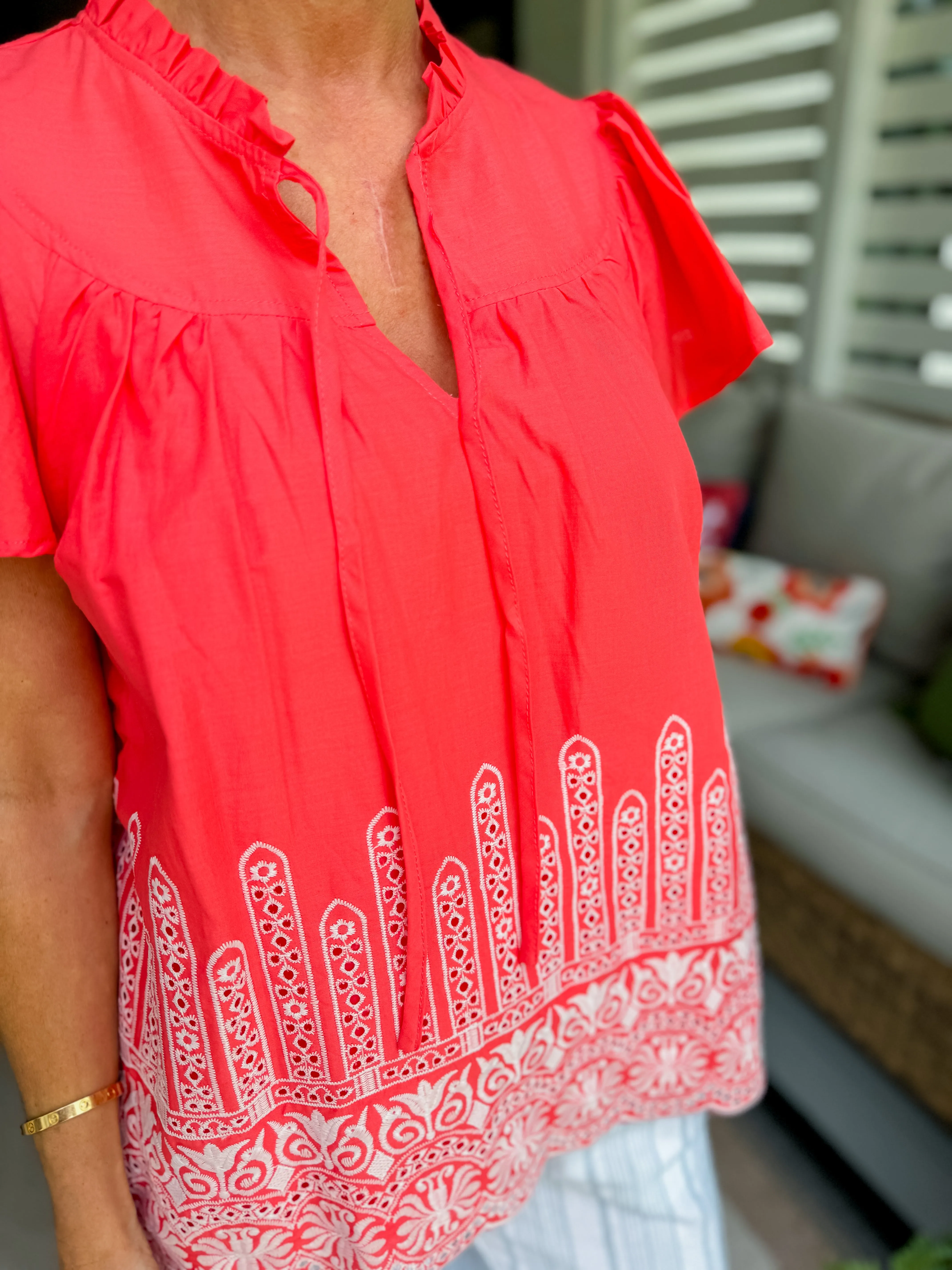 Coral Boxy Cut Ruffle Top