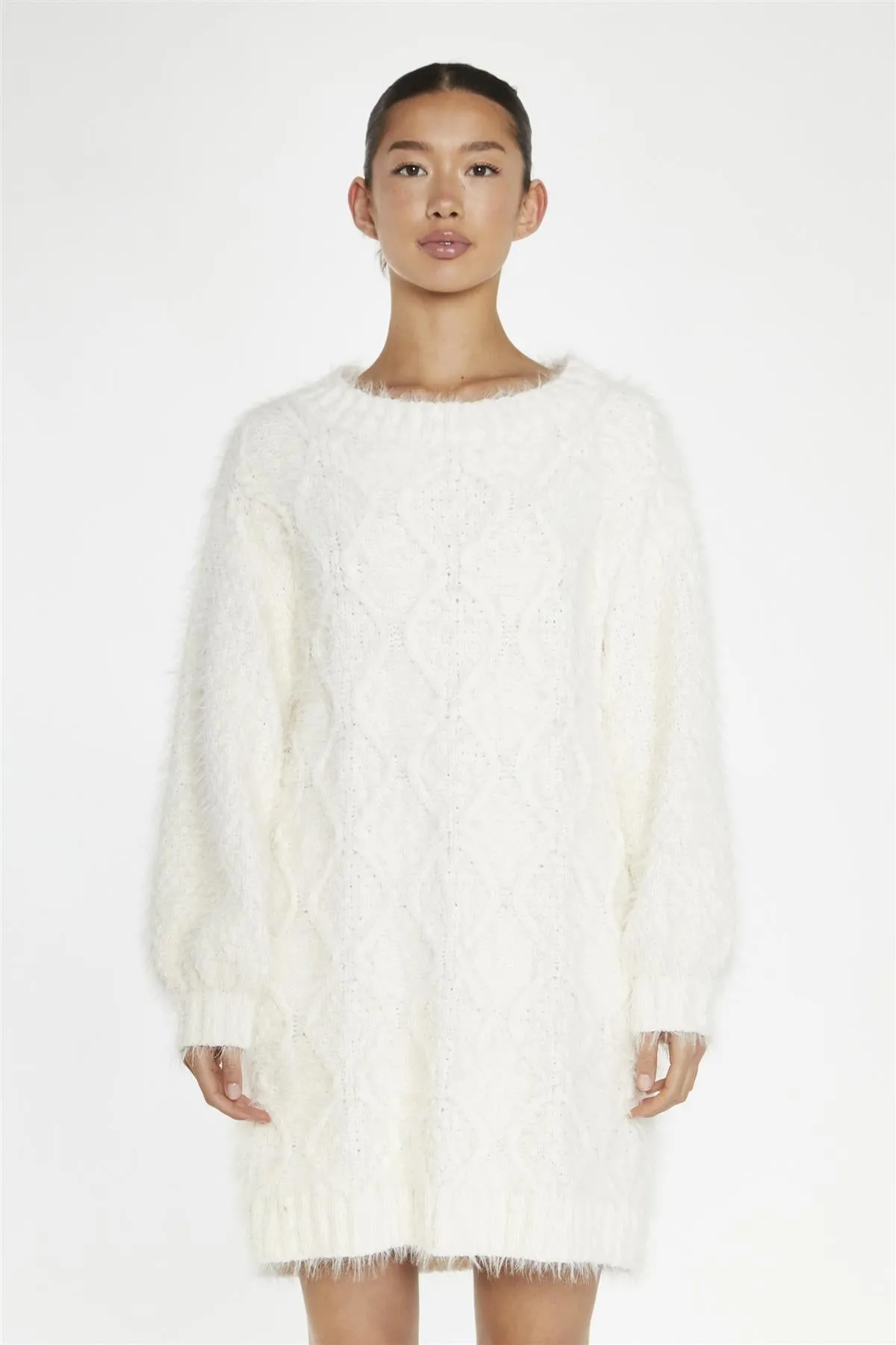 Cream Cable-Knit Jumper Mini-Dress