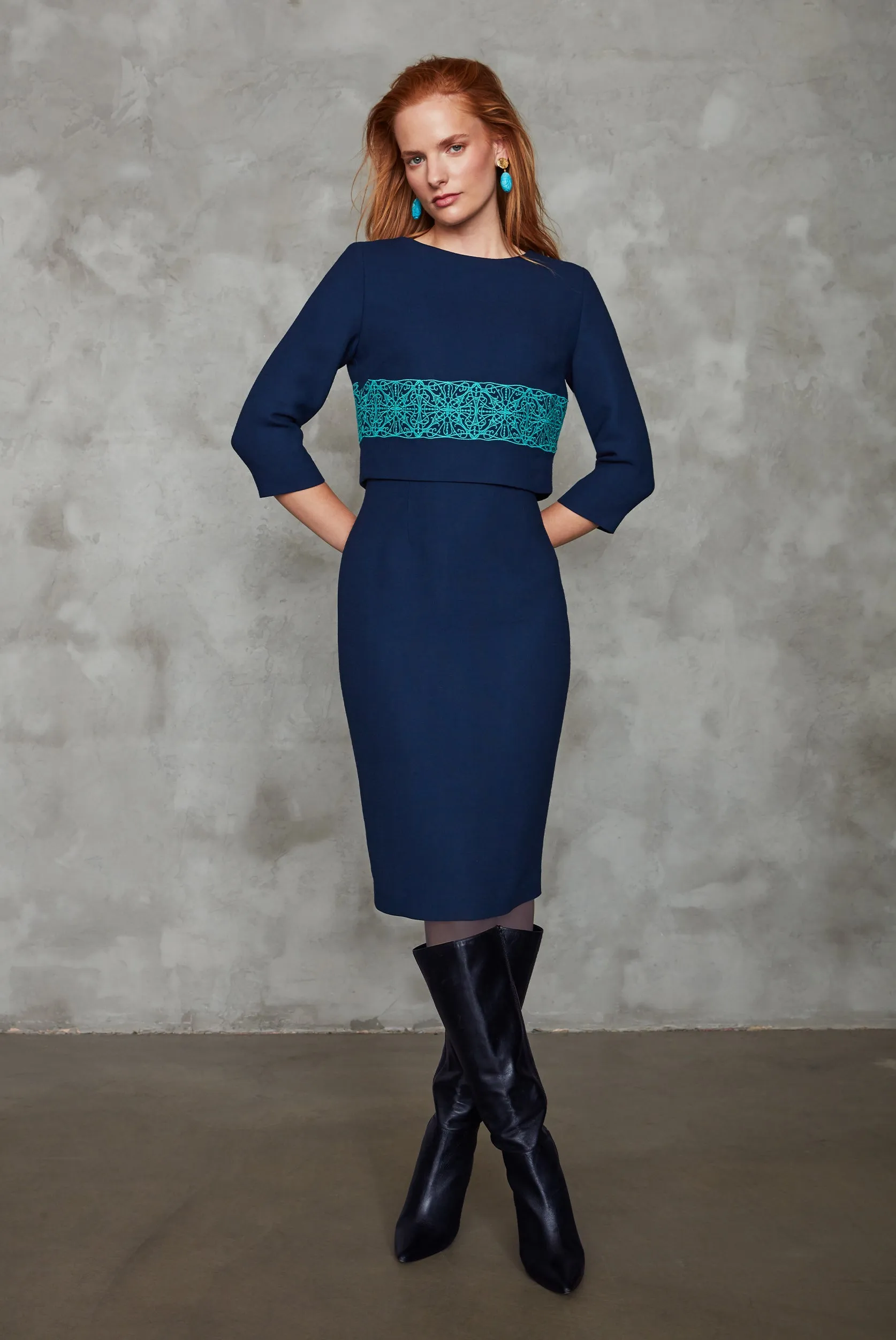 Embroidered and Plain Faille Dress in Navy/Emerald - Rolanda