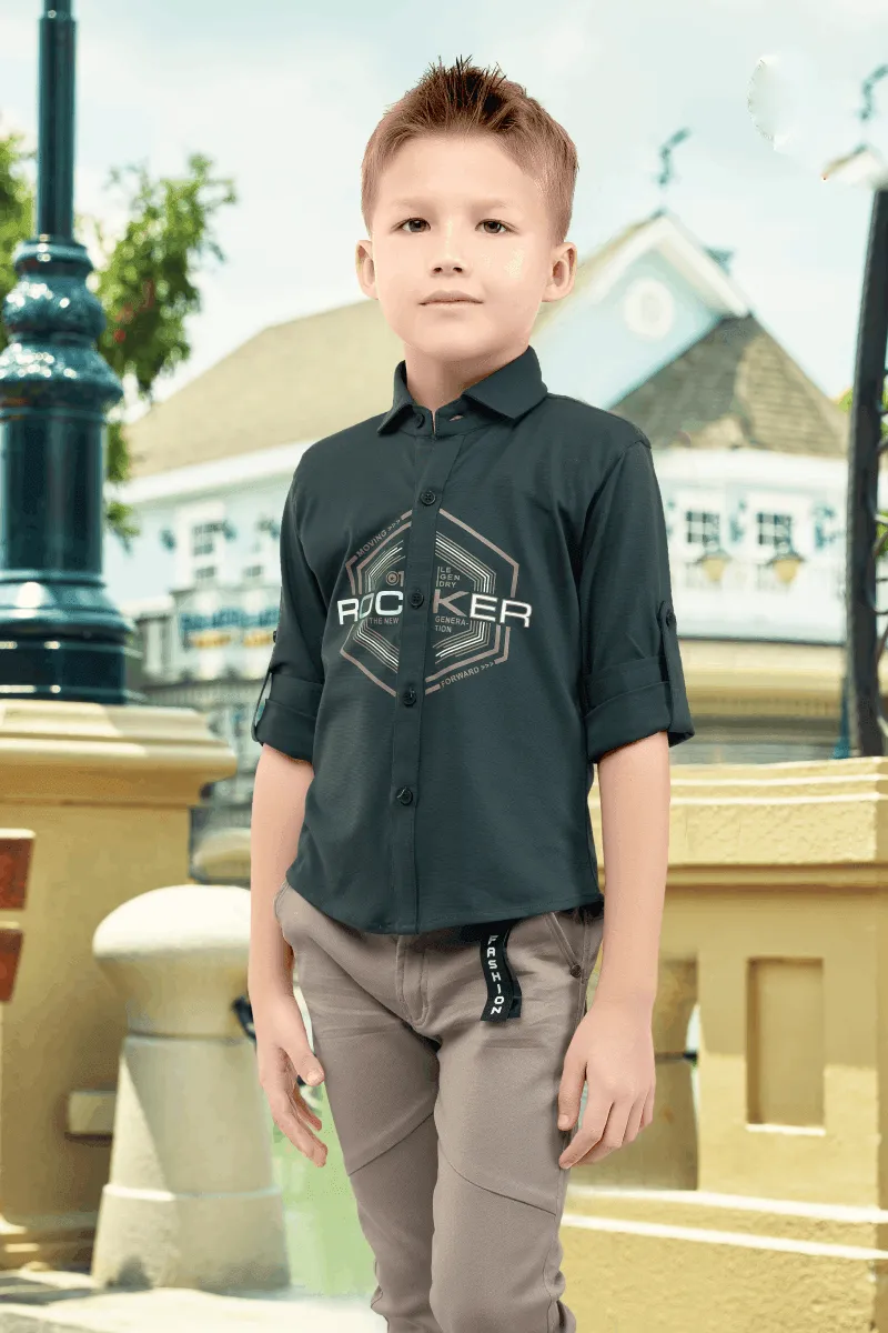 Green and Beige Casual wear Pant and Shirt Set for Boys