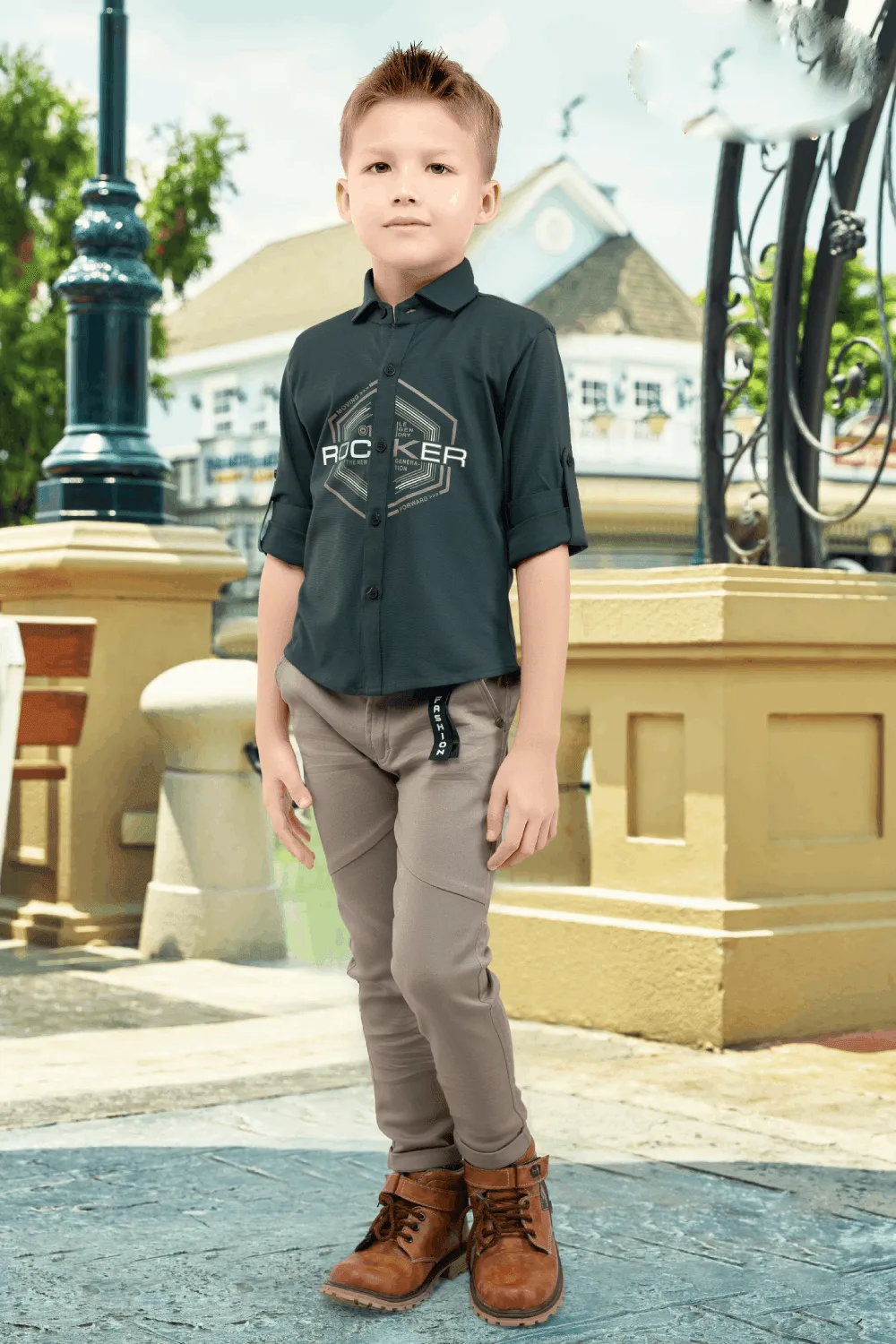 Green and Beige Casual wear Pant and Shirt Set for Boys