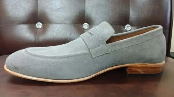 Handmade Men's Gray Color Suede Dress Shoes, Men Gray Suede Moccasin Loafers