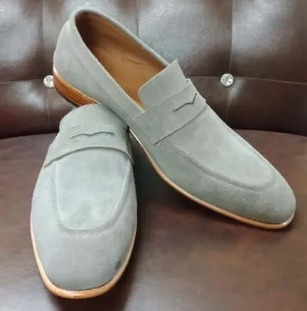 Handmade Men's Gray Color Suede Dress Shoes, Men Gray Suede Moccasin Loafers