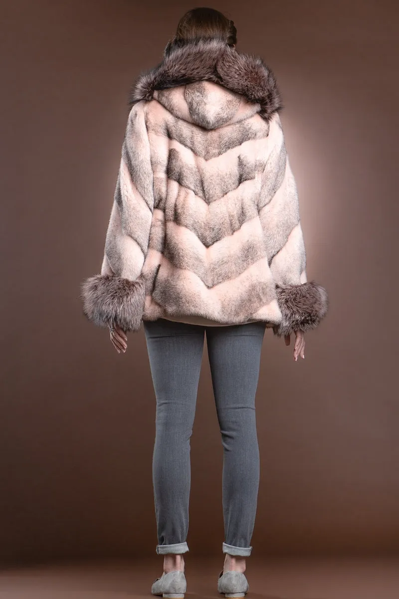 Hooded Directional Chevron Mink Fur Jacket - Fox Fur Hood Trim and Cuffs