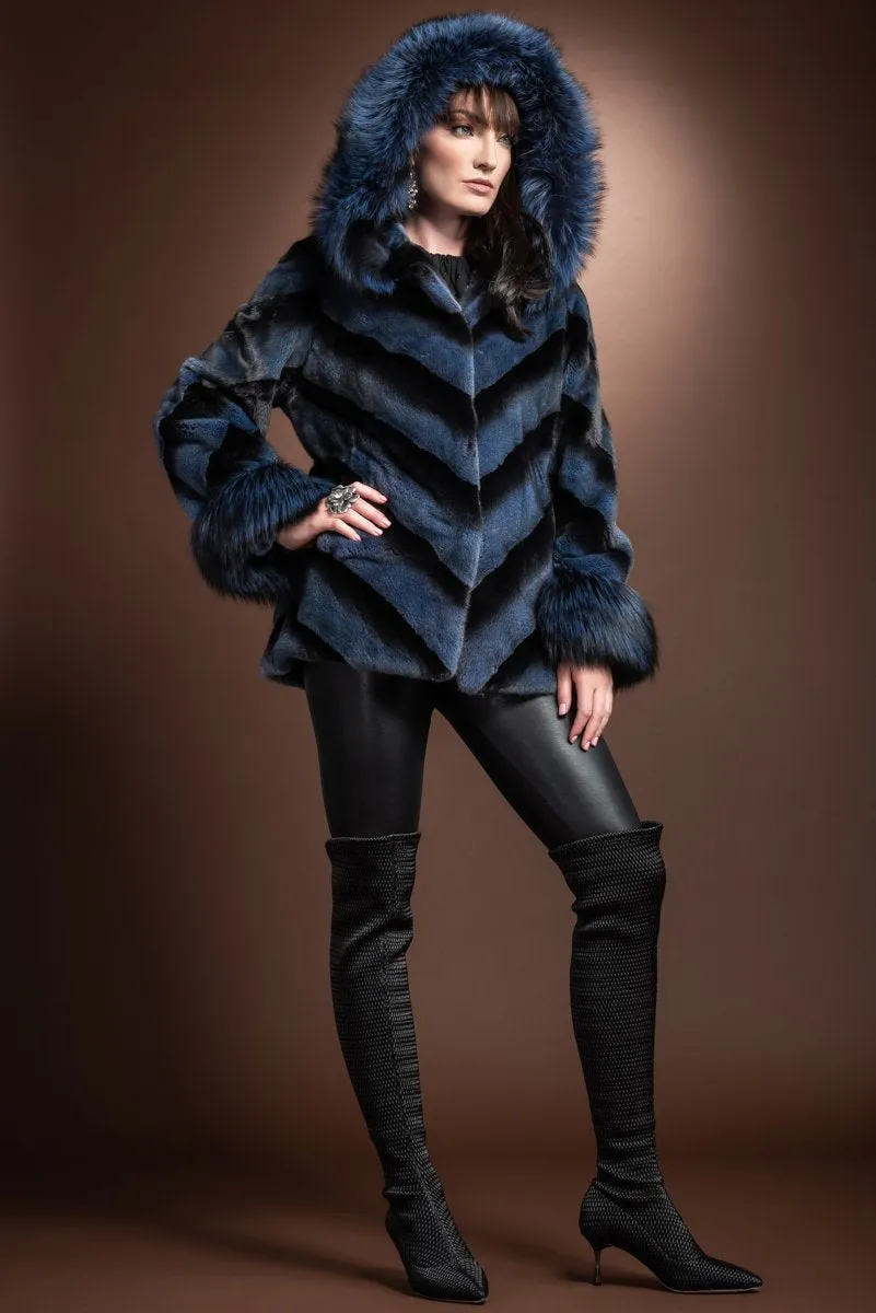 Hooded Directional Chevron Mink Fur Jacket - Fox Fur Hood Trim and Cuffs