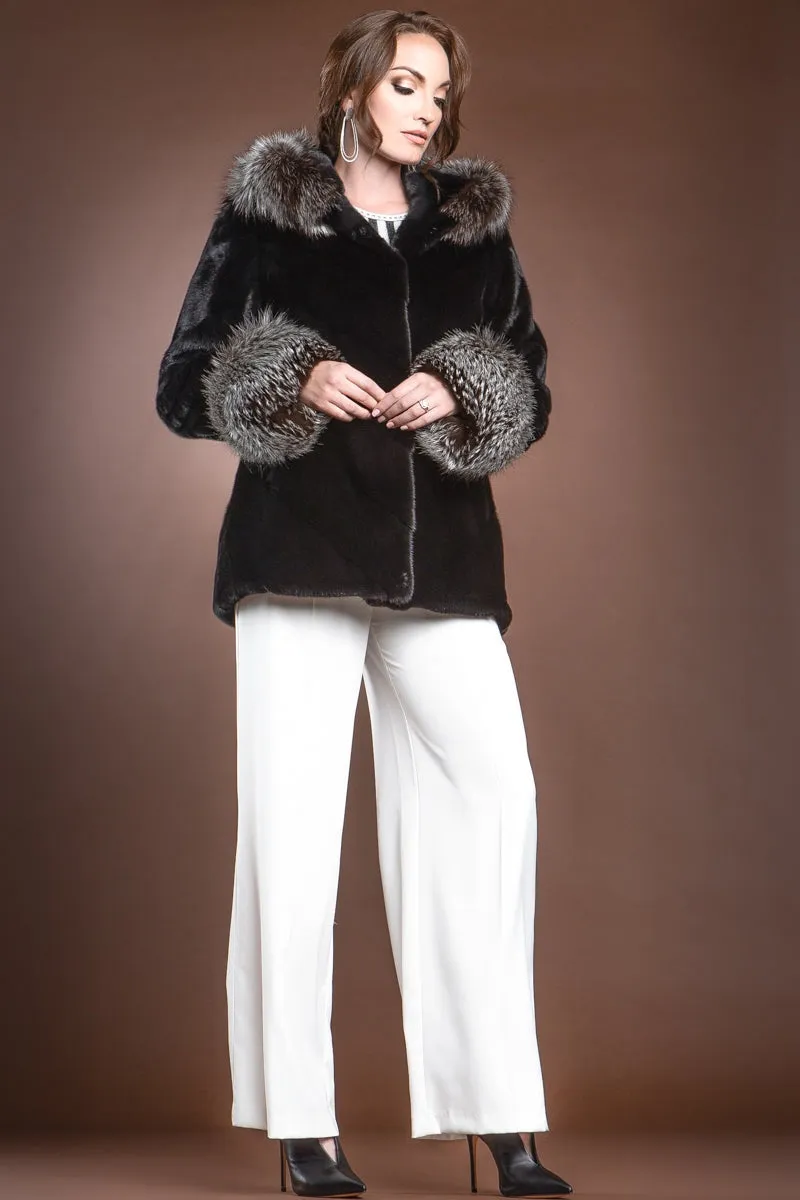 Hooded Directional Chevron Mink Fur Jacket - Fox Fur Hood Trim and Cuffs