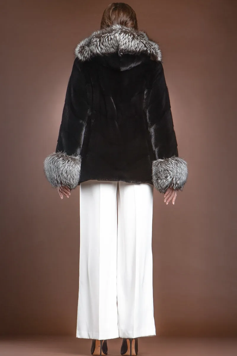 Hooded Directional Chevron Mink Fur Jacket - Fox Fur Hood Trim and Cuffs