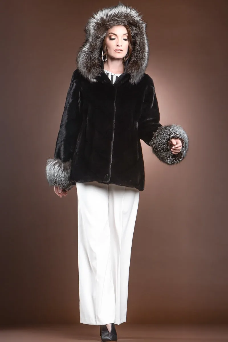 Hooded Directional Chevron Mink Fur Jacket - Fox Fur Hood Trim and Cuffs