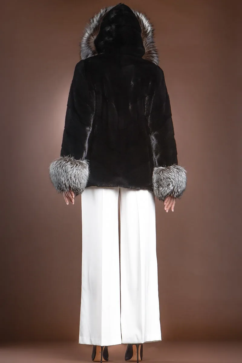 Hooded Directional Chevron Mink Fur Jacket - Fox Fur Hood Trim and Cuffs