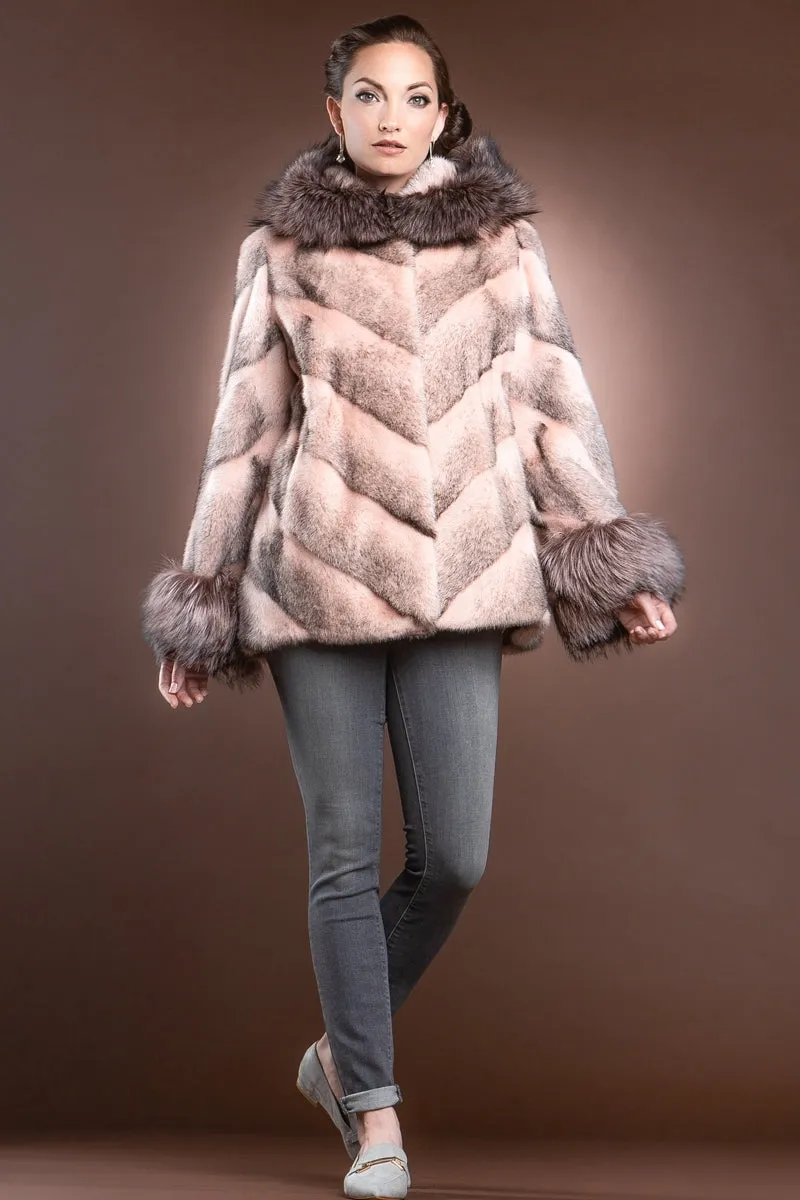 Hooded Directional Chevron Mink Fur Jacket - Fox Fur Hood Trim and Cuffs