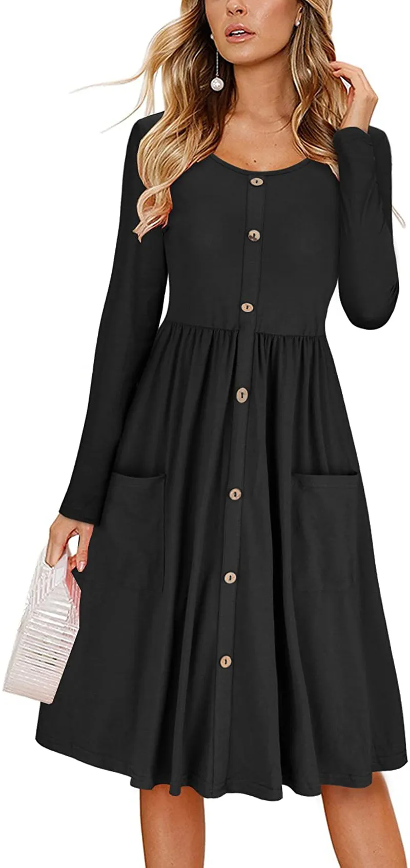 KILIG Women's Long Sleeve Button Down Casual Midi Dress with Pockets