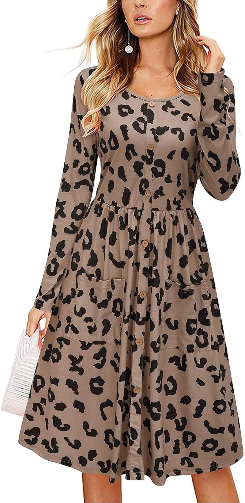 KILIG Women's Long Sleeve Button Down Casual Midi Dress with Pockets