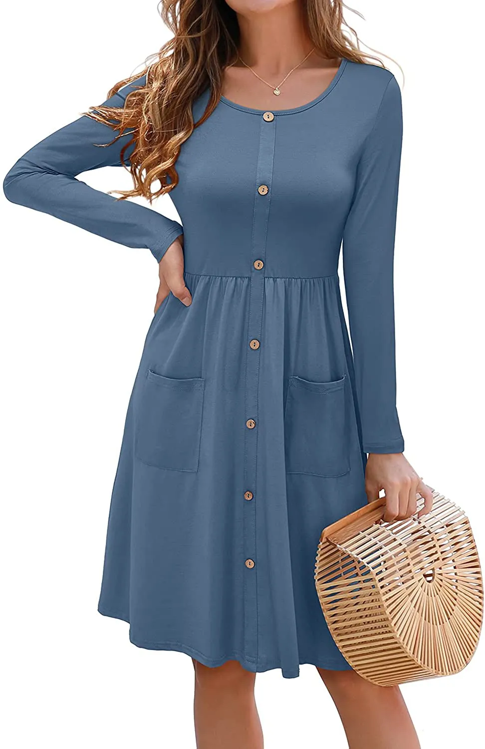 KILIG Women's Long Sleeve Button Down Casual Midi Dress with Pockets