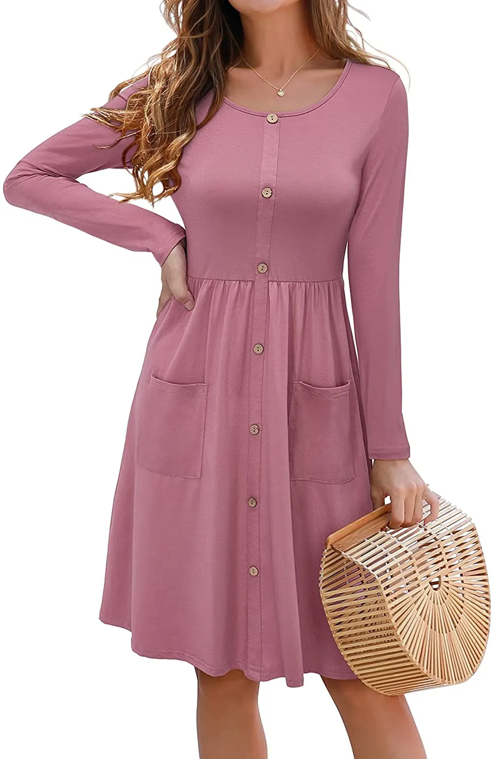 KILIG Women's Long Sleeve Button Down Casual Midi Dress with Pockets