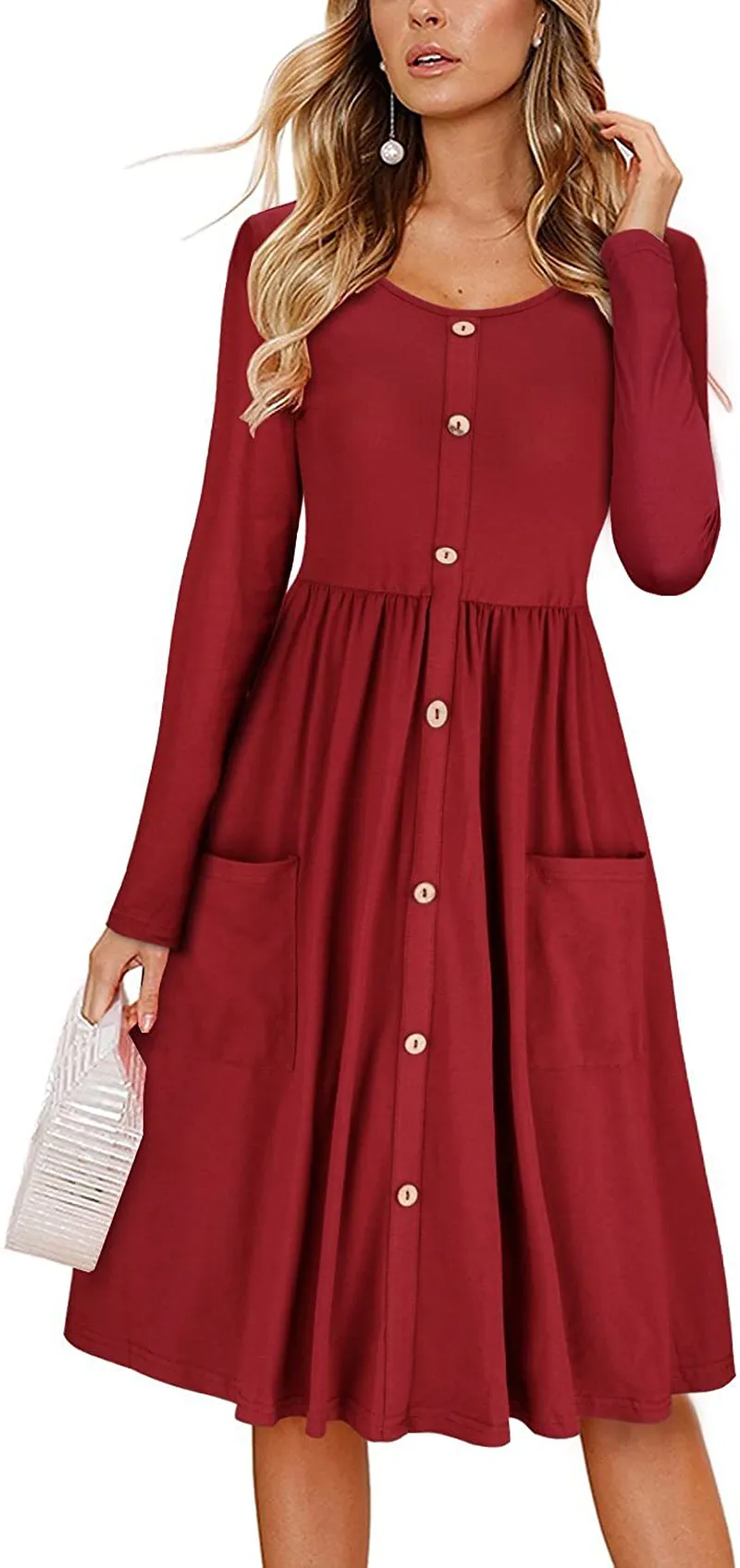 KILIG Women's Long Sleeve Button Down Casual Midi Dress with Pockets