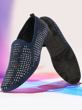 Men Blue Embellished Design Velvet Slip On Party Loafers Shoes