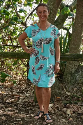 Mint Leaves Print Short Sleeve Jersey Shift Dress