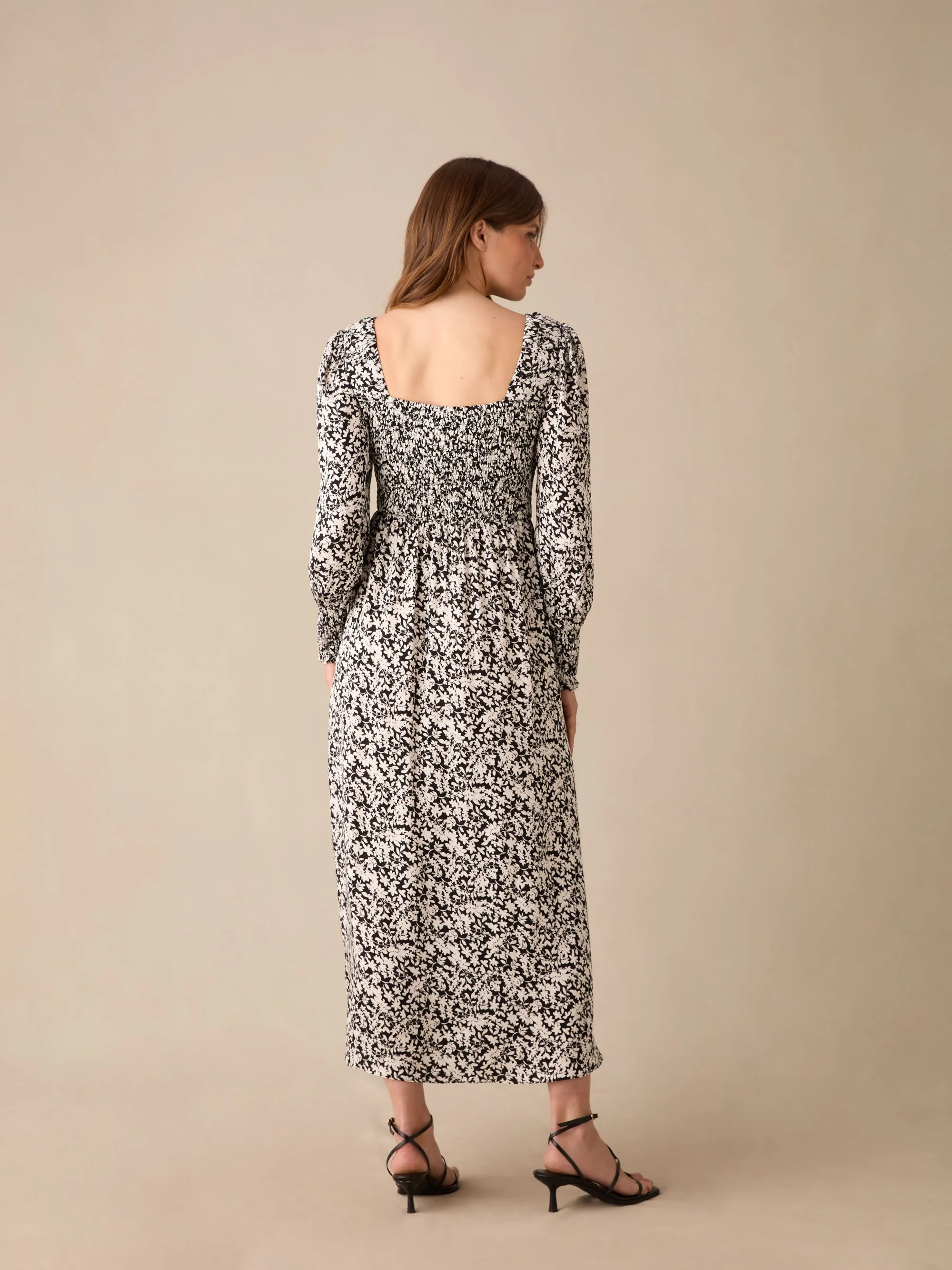 Petite Mono Floral Print Shirred Midaxi Dress