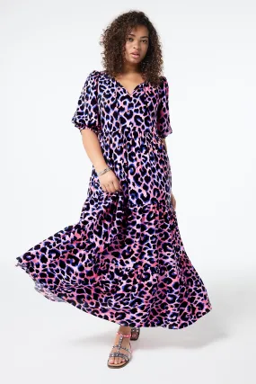 Pink with Blue and Black Shadow Leopard Tie Front Maxi Dress