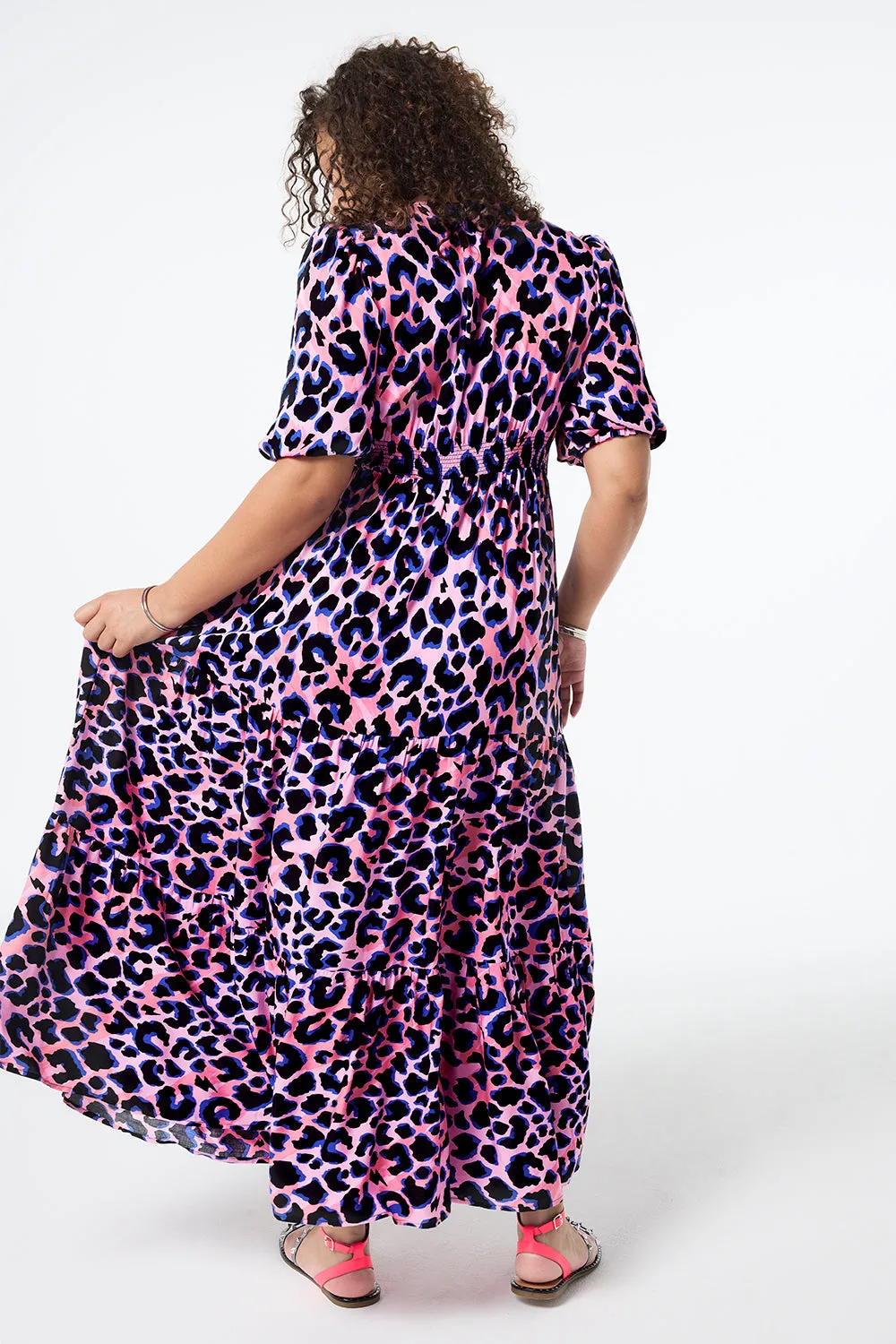 Pink with Blue and Black Shadow Leopard Tie Front Maxi Dress