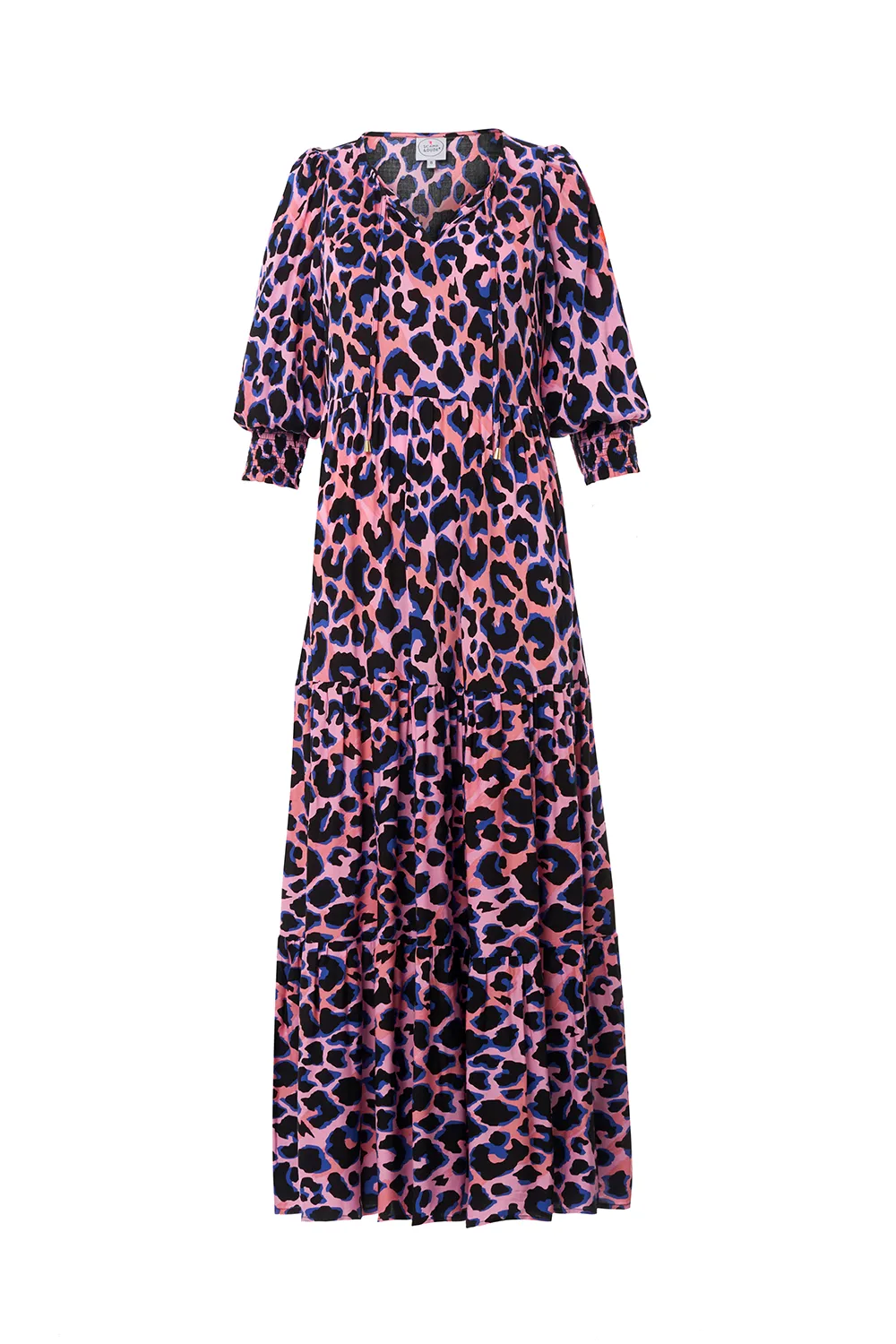 Pink with Blue and Black Shadow Leopard Tie Front Maxi Dress