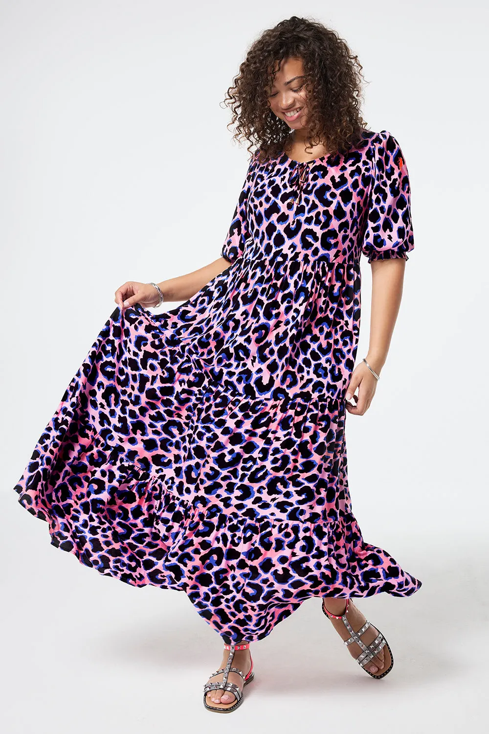 Pink with Blue and Black Shadow Leopard Tie Front Maxi Dress