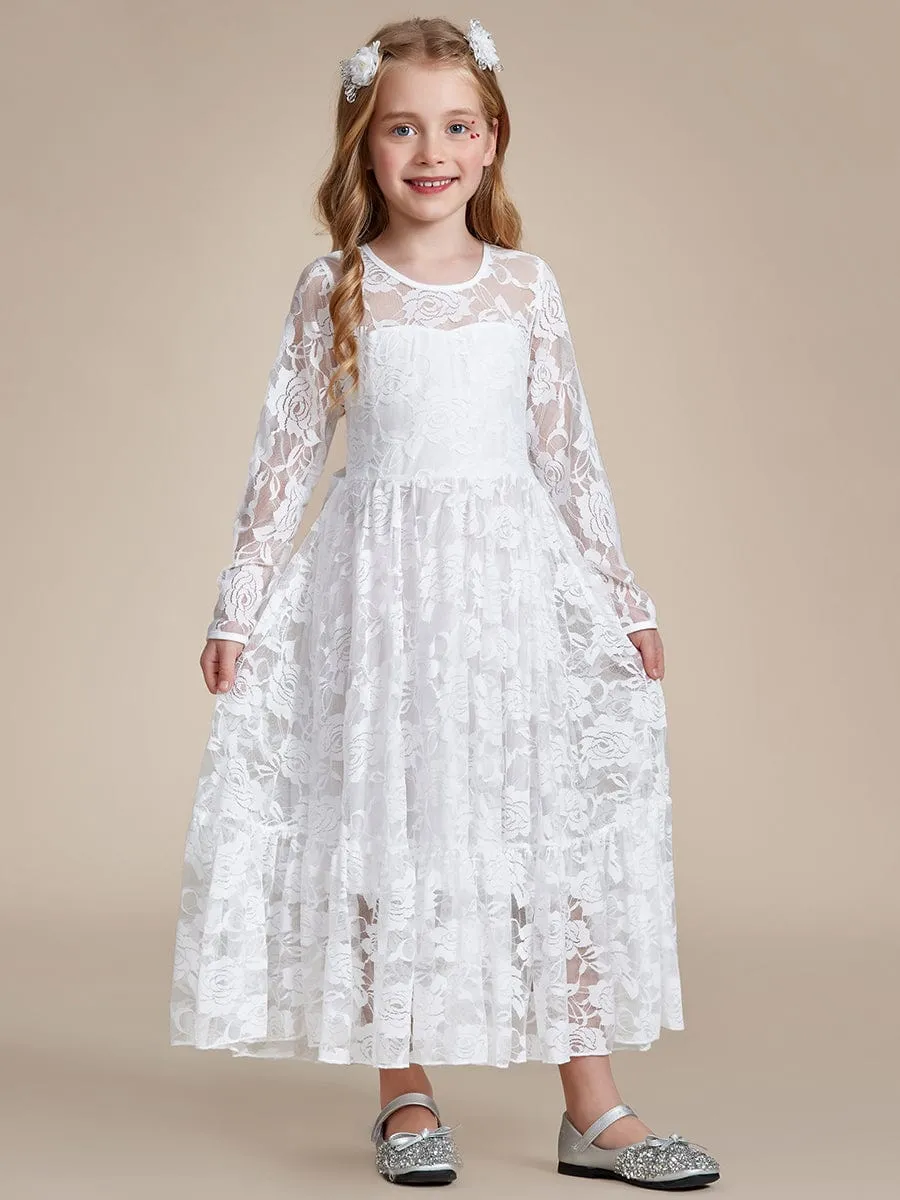 Pure Lace Long-Sleeve Round Neckline Flower Girl Dress