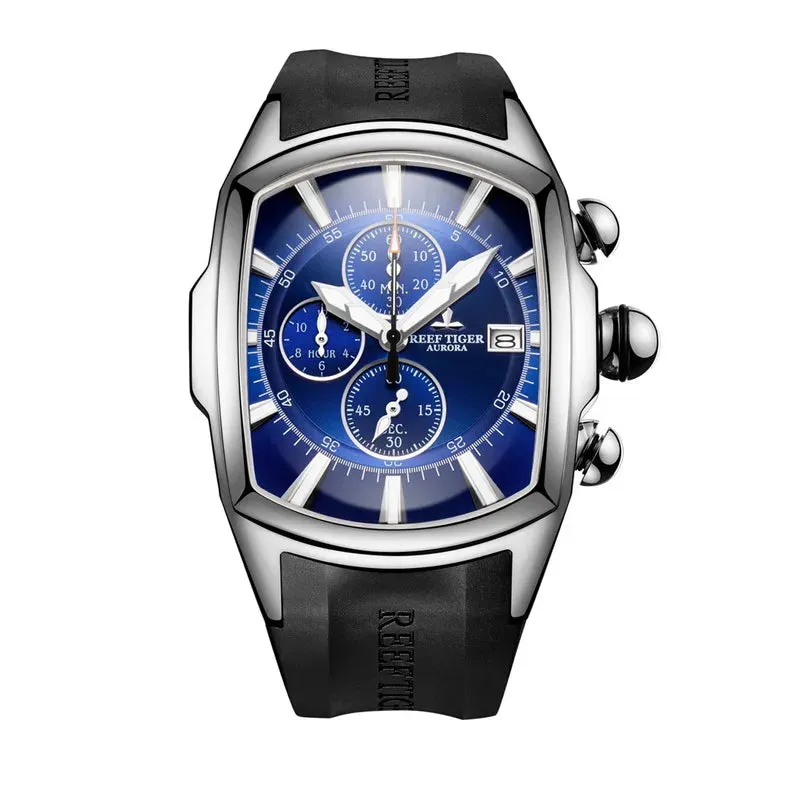 Reef Tiger Men Chronograph Watch 45mm Tonneau Military Quartz Wristwatch Sport Luminous Sapphire Triple Windows