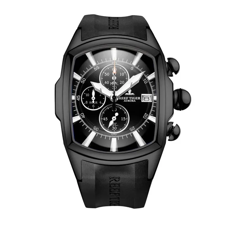 Reef Tiger Men Chronograph Watch 45mm Tonneau Military Quartz Wristwatch Sport Luminous Sapphire Triple Windows