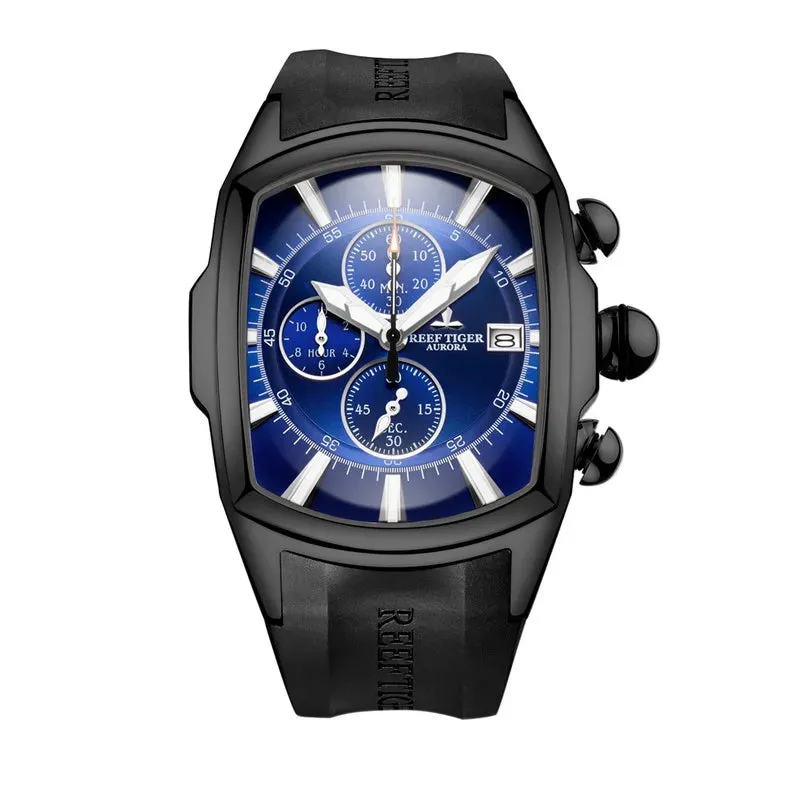 Reef Tiger Men Chronograph Watch 45mm Tonneau Military Quartz Wristwatch Sport Luminous Sapphire Triple Windows