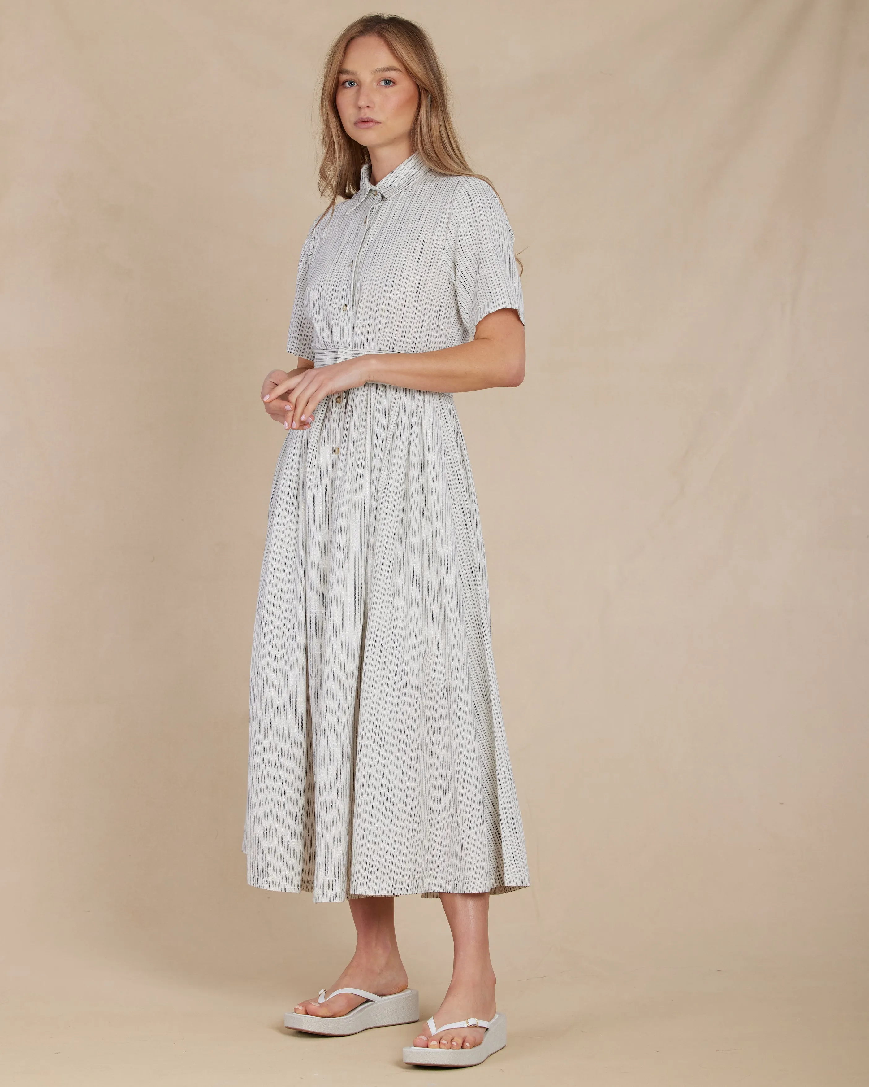 Renata Stripe Linen Dress - Marino