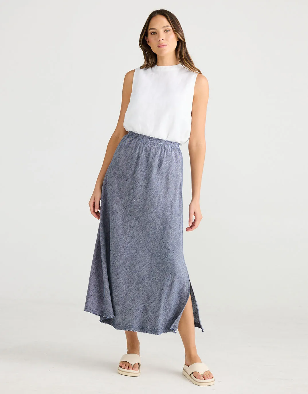 Sicily Linen Skirt - Navy Fleck