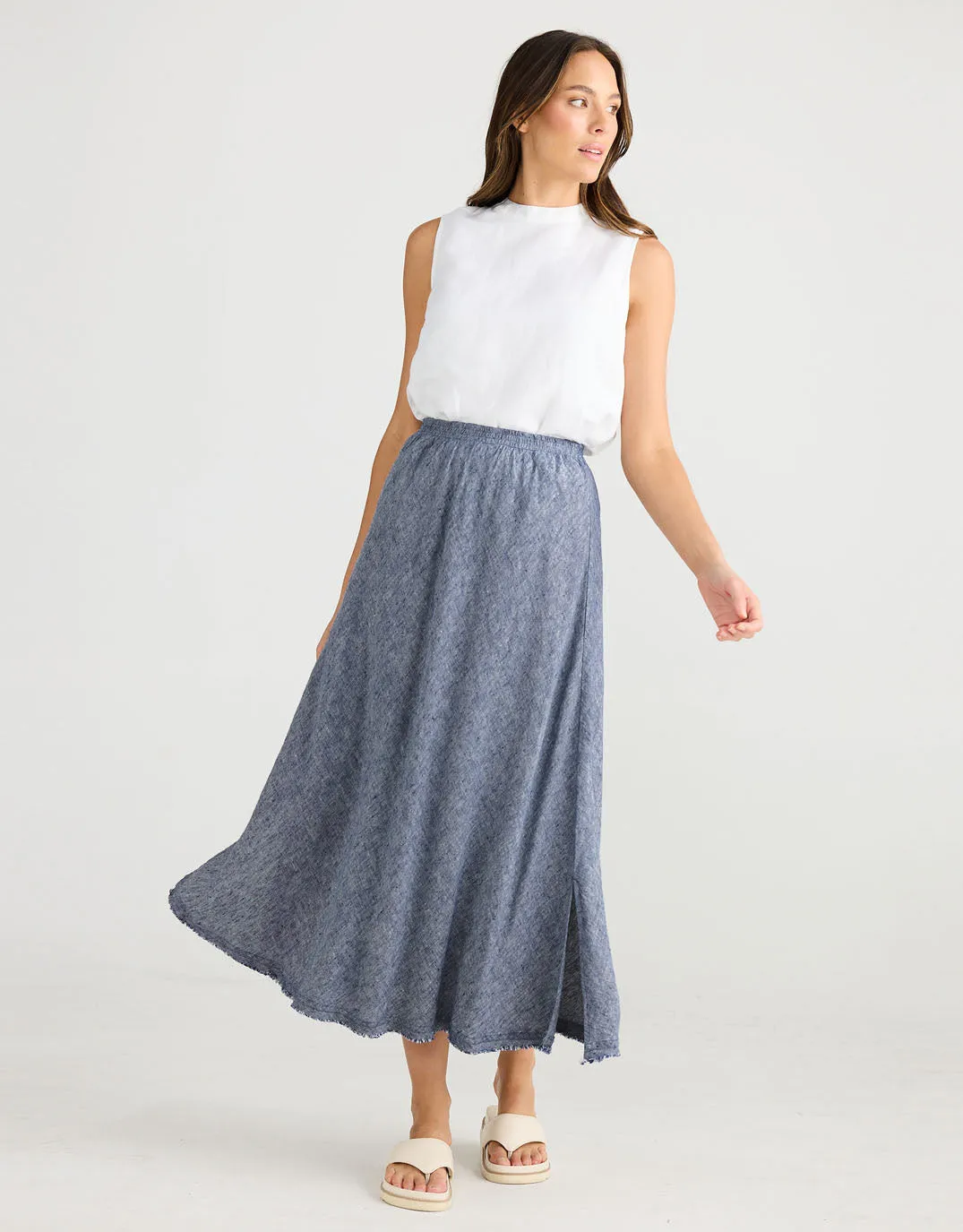 Sicily Linen Skirt - Navy Fleck