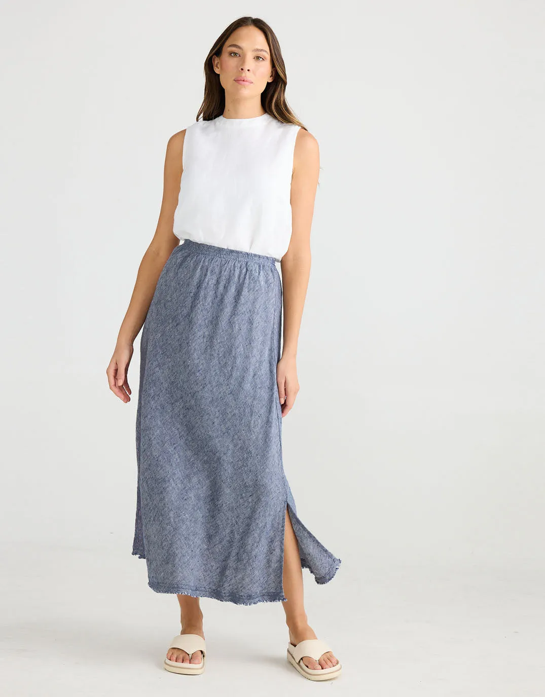 Sicily Linen Skirt - Navy Fleck