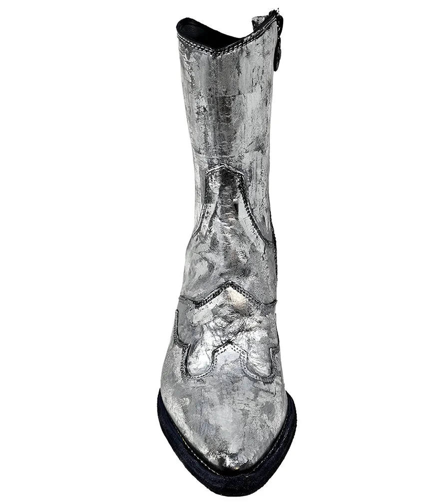 Silver Laminated Pointy Toe Ankle Boot