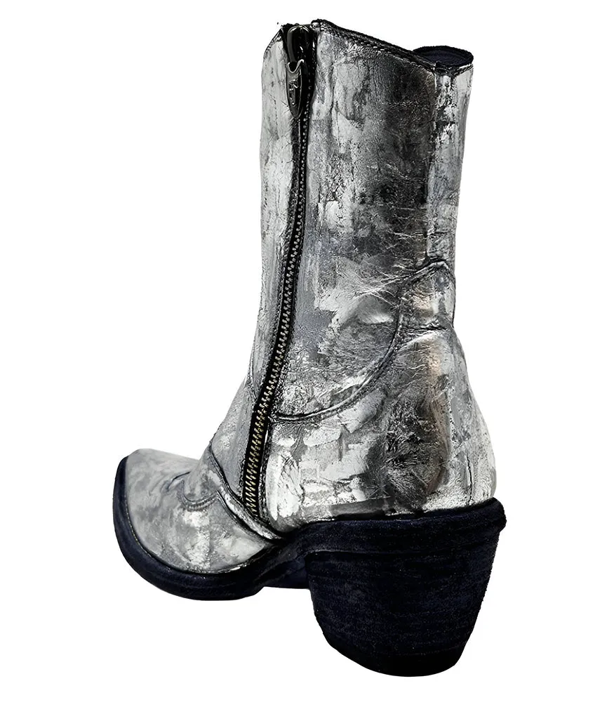 Silver Laminated Pointy Toe Ankle Boot