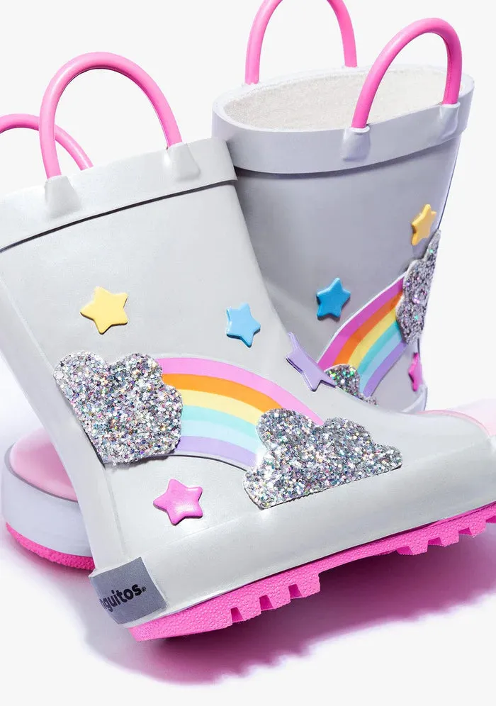 Silver rainbow rain boots