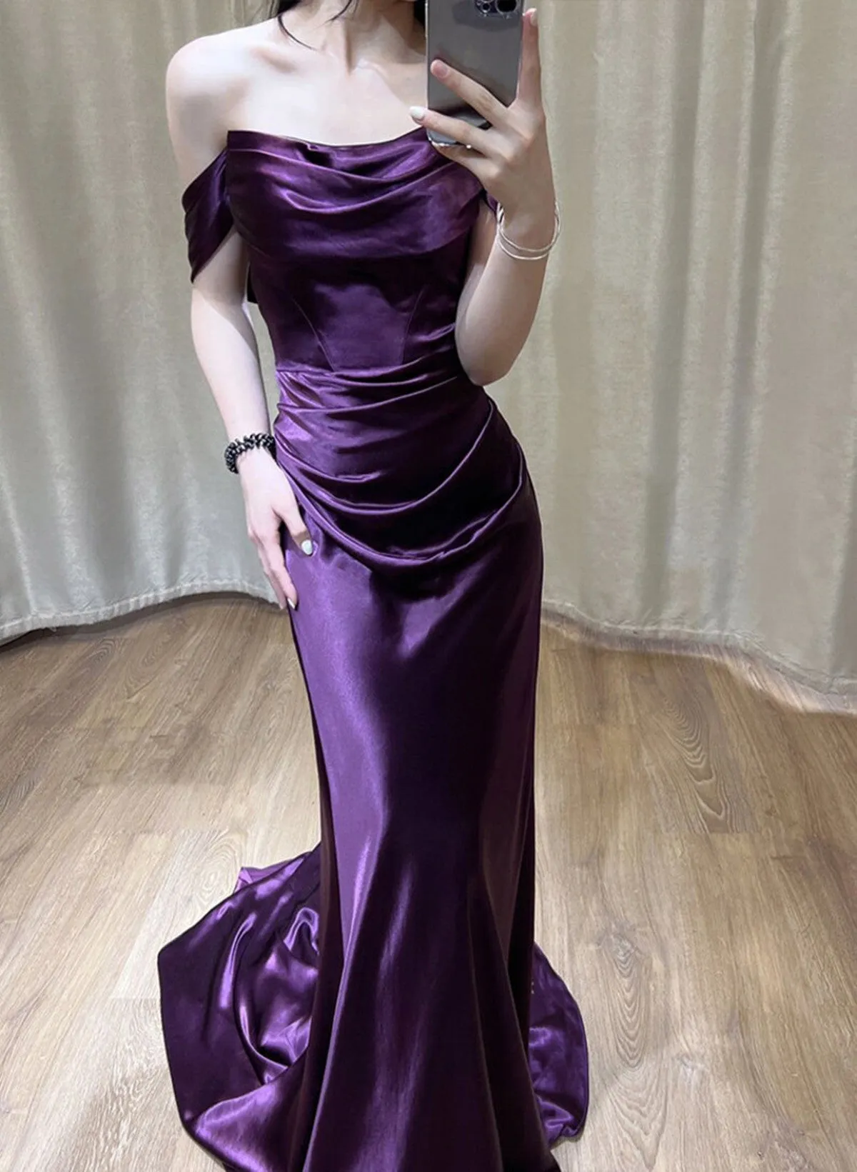 Solvbao Purple Satin Off Shoulder Long Evening Dress, Purple Satin Prom Dress